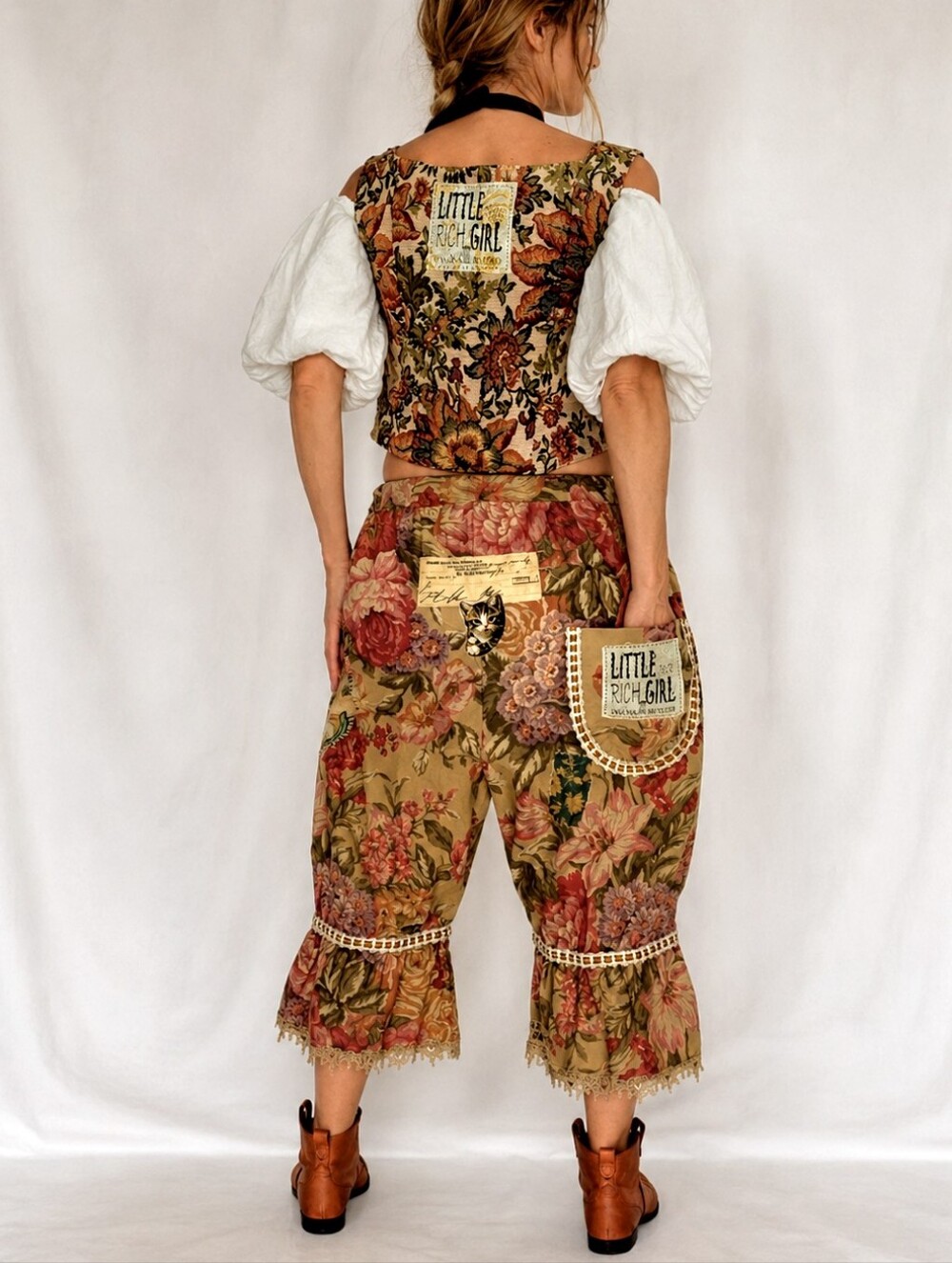 Bloomers Victorian Pants Shabby Chic Ruffles Cat Patchwork Golden Lace - Picture 8 of 16